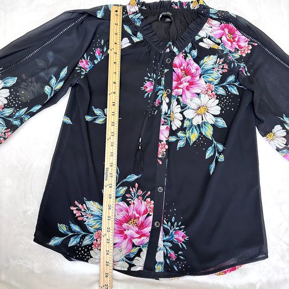 Yumi Kim Women’s Silk Blouse Sz S Black Pink Floral Print Tie Ruffled Neck - Picture 10 of 14